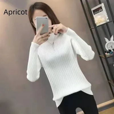 Half Turtleneck Slim Slimming Knitted Sweater Apricot - Shop at LoveMi