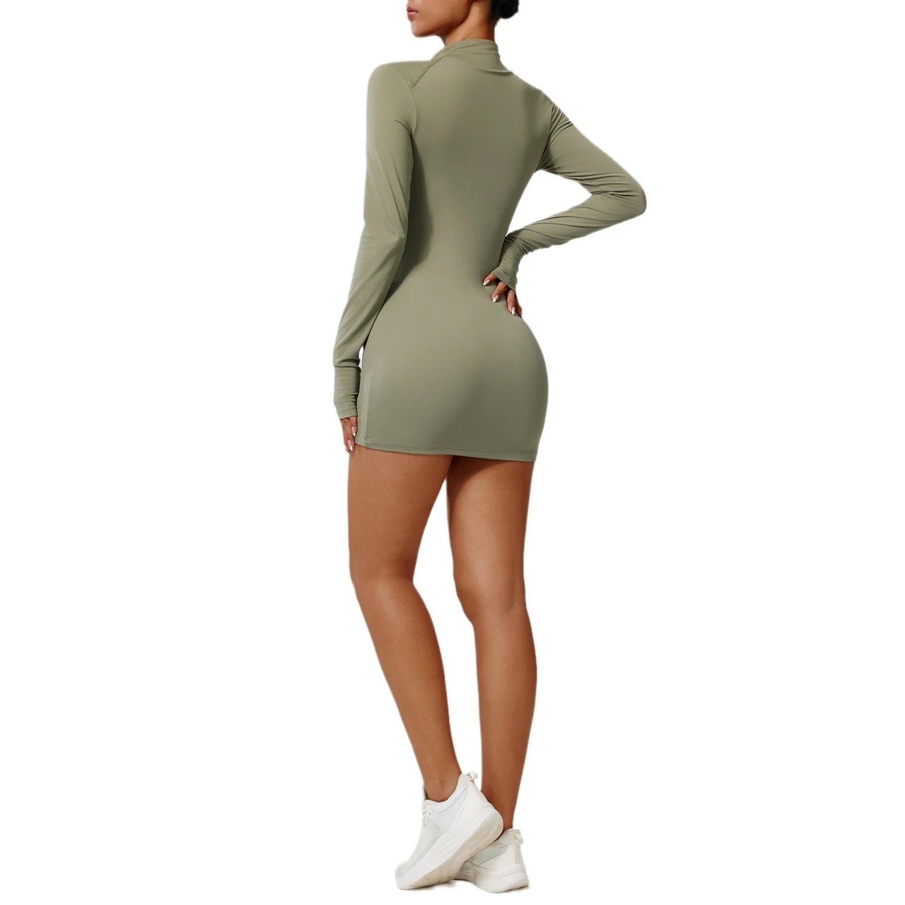 European And American Zipper Nude Feel Tight Sports Dress Slimming Quick-drying Fitness Yoga Long Sleeve Casual Dress Sexy - Forest Green - View 1