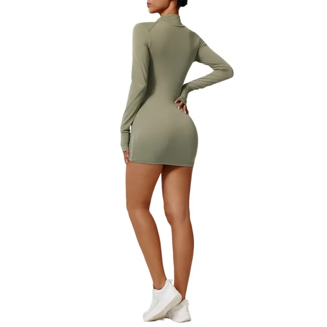 European And American Zipper Nude Feel Tight Sports Dress Slimming Quick drying Fitness Yoga Long Sleeve Casual Dress Sexy Forest Green - Shop at LoveMi
