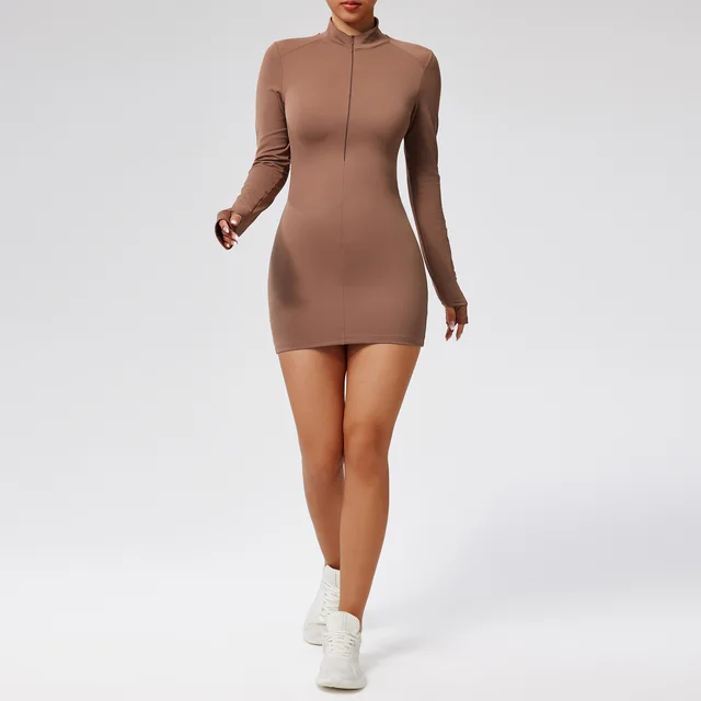 European And American Zipper Nude Feel Tight Sports Dress Slimming Quick drying Fitness Yoga Long Sleeve Casual Dress Sexy Tea Coffee Color - Shop at LoveMi