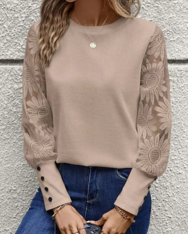 Solid Color Long Sleeve Embroidered Lace Stitching Waffle Crew Neck Top Lotus Root Color - Shop at LoveMi