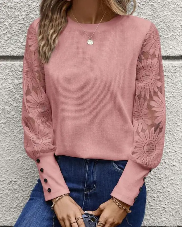 Solid Color Long Sleeve Embroidered Lace Stitching Waffle Crew Neck Top Pink - Shop at LoveMi