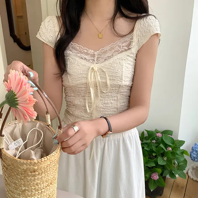 American style Retro Brown Texture Lace Top Apricot - Shop at LoveMi