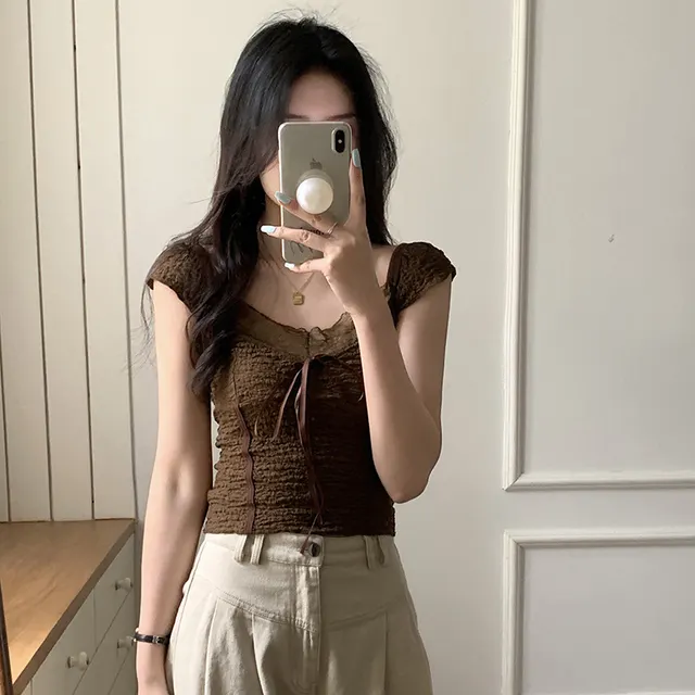 American style Retro Brown Texture Lace Top Brown - Shop at LoveMi