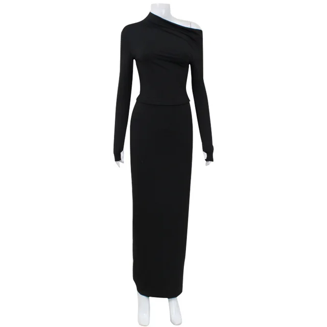Irregular Long Sleeve Top Sheath Slim fit Mid length Skirt Two piece Suit Black - Shop at LoveMi