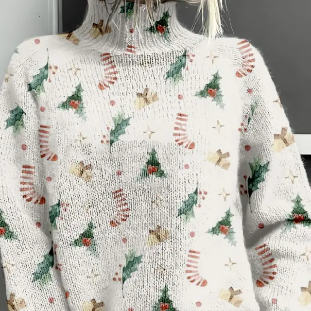 3D Color Matching Printed Turtleneck Long sleeved Sweater White Line E127 - Shop at LoveMi