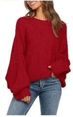 Round Neck Solid Color Loose Sweater Top Leisure Pullover - Red