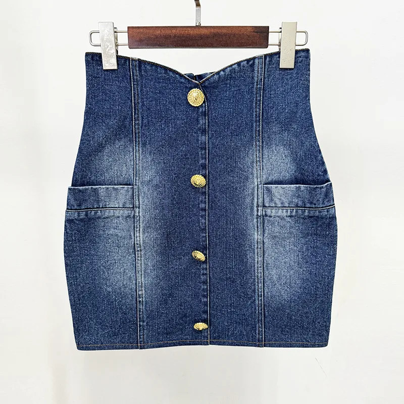Socialite Temperament Slim Double-breasted Washed Denim Suit Jacket - Skirt