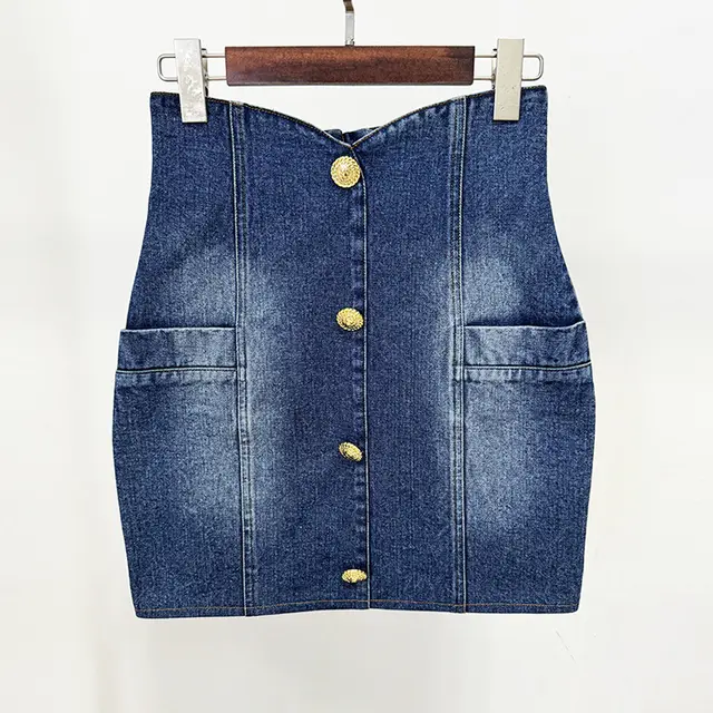 Socialite Temperament Slim Double breasted Washed Denim Suit Jacket Skirt - Shop at LoveMi