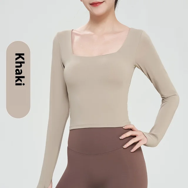 Autumn And Winter Nude Feel Yoga Clothing Top Khaki - Shop at LoveMi