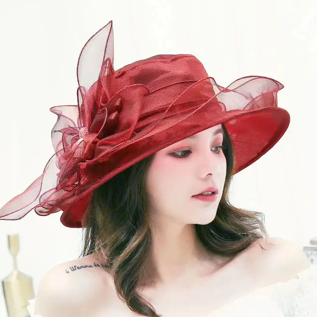 Women's Sun Hat Mesh Bowler Hat Organza Summer Sunshade Wine Red - Shop at LoveMi