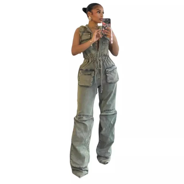 Casual Stretch Nostalgic Hooded One piece Overalls Light Blue - Shop at LoveMi