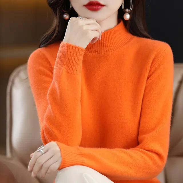 Autumn And Winter Sweater Half high Collar Long Sleeves Women's Top Loose Slimming And All matching Orange - Shop at LoveMi