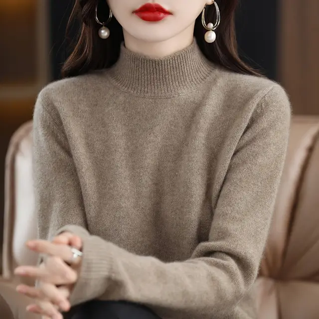 Autumn And Winter Sweater Half high Collar Long Sleeves Women's Top Loose Slimming And All matching Raw Velvet Camel - Shop at LoveMi