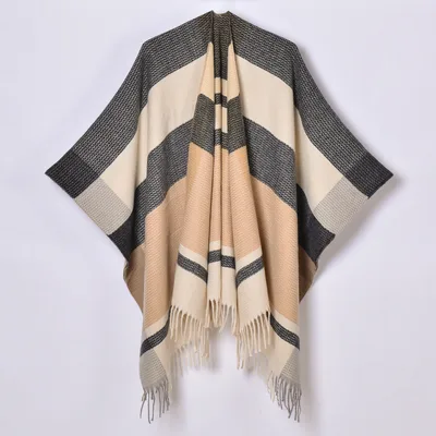 Tassel Split Shawl Simple Plaid Jacquard Scarf Camel - Shop at LoveMi