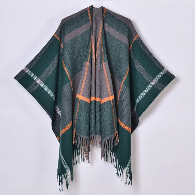 Tassel Split Shawl Simple Plaid Jacquard Scarf Green - Shop at LoveMi