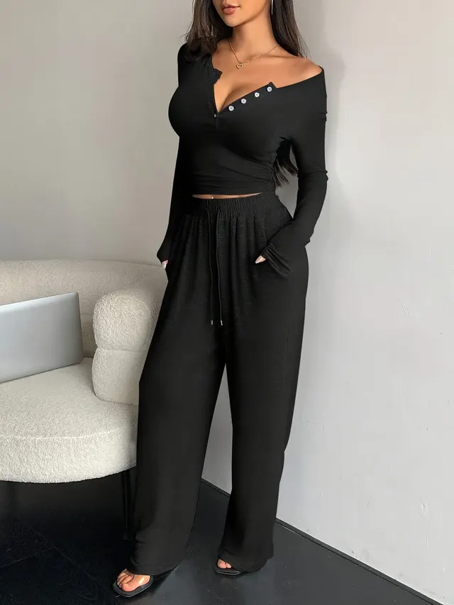 Women's Long sleeved Button up Solid Color Top And Trousers Two piece Suit Black - Shop at LoveMi