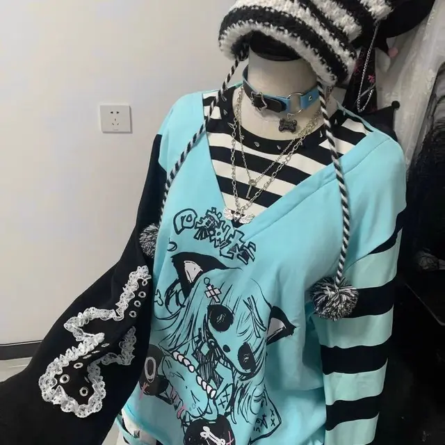 Asian Culture Clothes Stitching Fake Two piece T shirts Blue - Shop at LoveMi