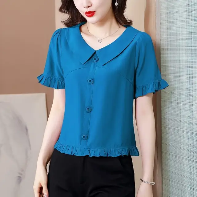 Ten Or Three Lines Doll Collar Chiffon Shirt For Women Blue - Shop at LoveMi