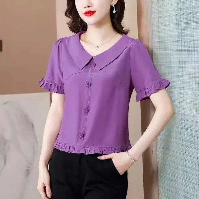 Ten Or Three Lines Doll Collar Chiffon Shirt For Women Purple - Shop at LoveMi