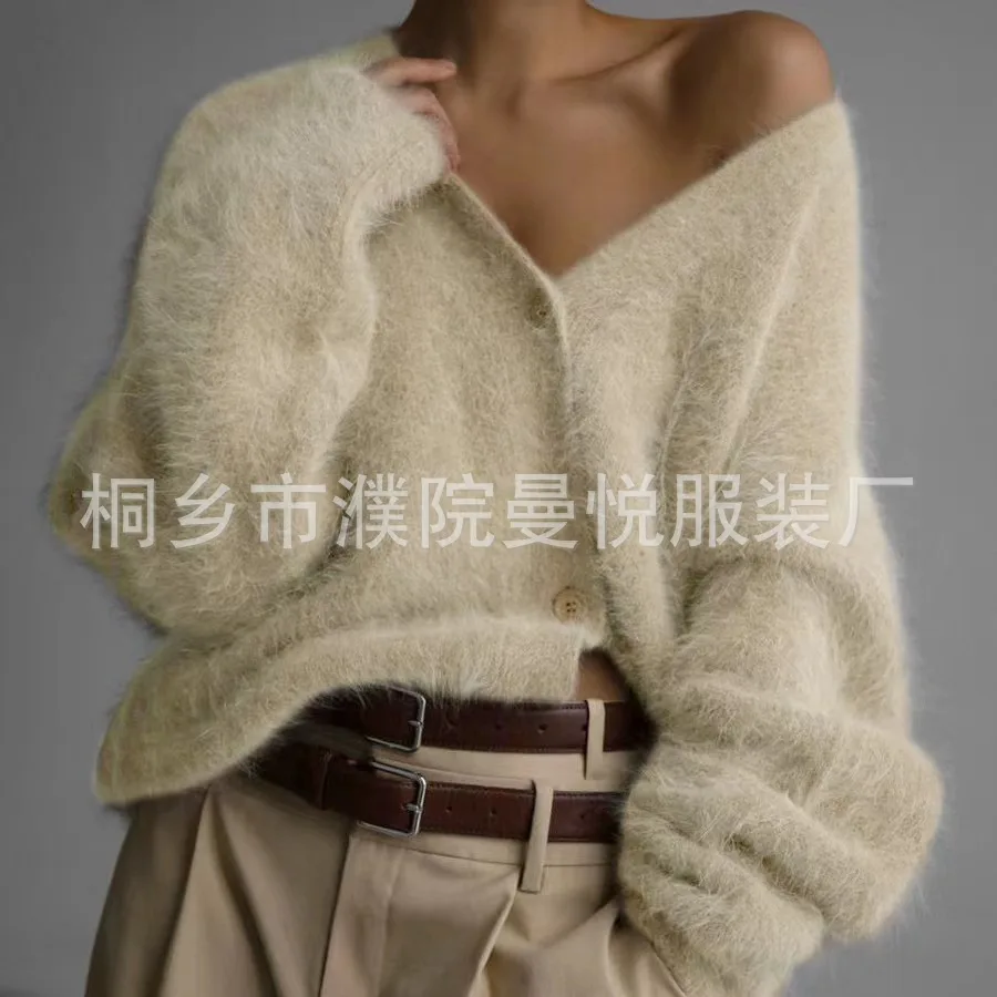 Cross border Spring And Autumn Imitation Marten Cardigan Women Idle Style Loose Sweater Coat Soft Long sleeved Sweater Women Apricot - Shop at LoveMi