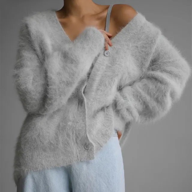 Cross border Spring And Autumn Imitation Marten Cardigan Women Idle Style Loose Sweater Coat Soft Long sleeved Sweater Women Light Gray - Shop at LoveMi