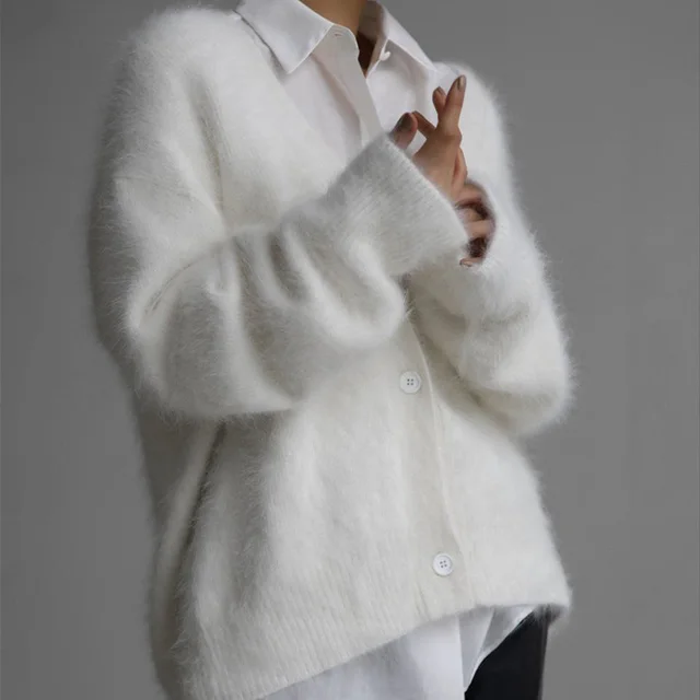Cross border Spring And Autumn Imitation Marten Cardigan Women Idle Style Loose Sweater Coat Soft Long sleeved Sweater Women White - Shop at LoveMi