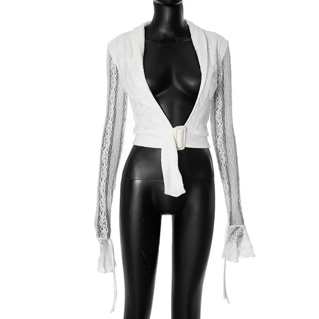 White With Low Collar Lace Long Sleeve Top White - Shop at LoveMi