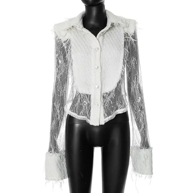White Lace Stitching Transparent Shirt White - Shop at LoveMi