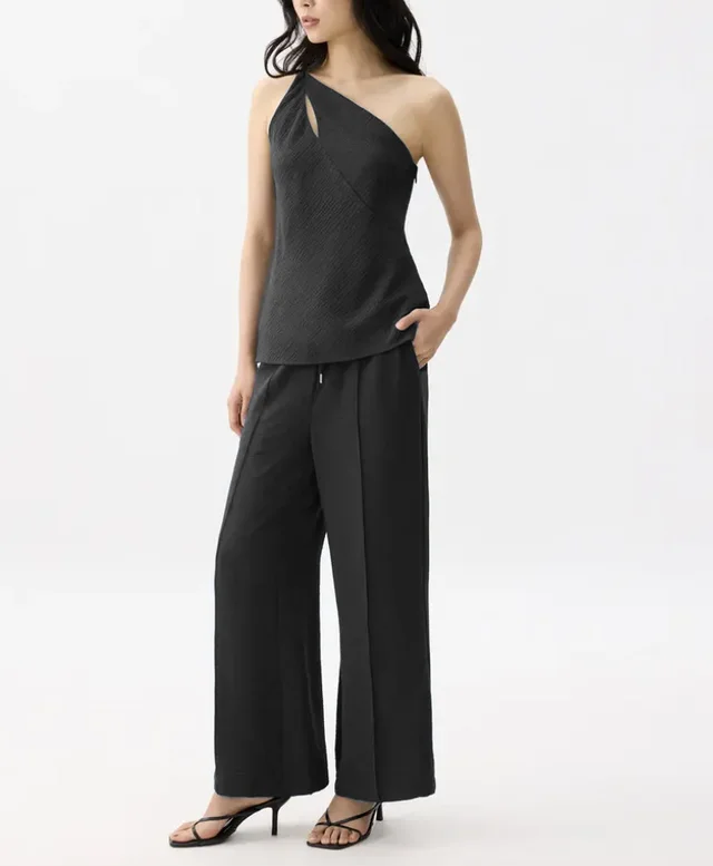 Solid Color Elegant Outfit Sleeveless Irregular Vest Top Straight leg Pants Women's Clothing Black - Shop at LoveMi