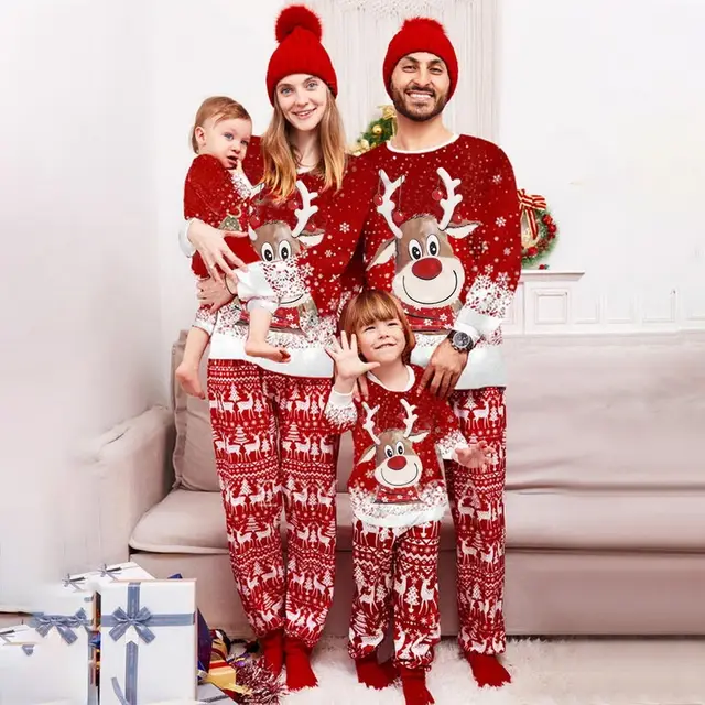 Parent Child Two piece Suit Elk Printing Pajamas Suit Homewear Red - Shop at LoveMi