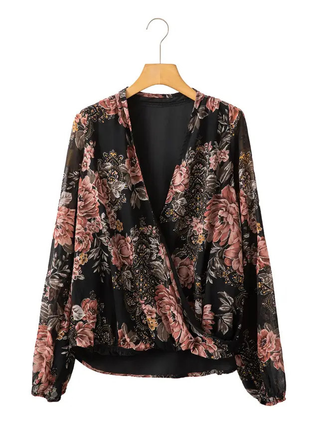 V neck Long Sleeve Top Floral Print Women's Chiffon Shirt Women Black - Shop at LoveMi