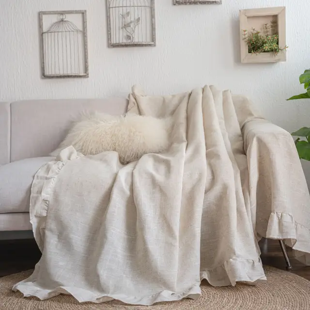 Sofa Towel Plain Pastoral Ruffled Multi functional Cover Towel Retro Polyester Linen Ruffled - Shop at LoveMi