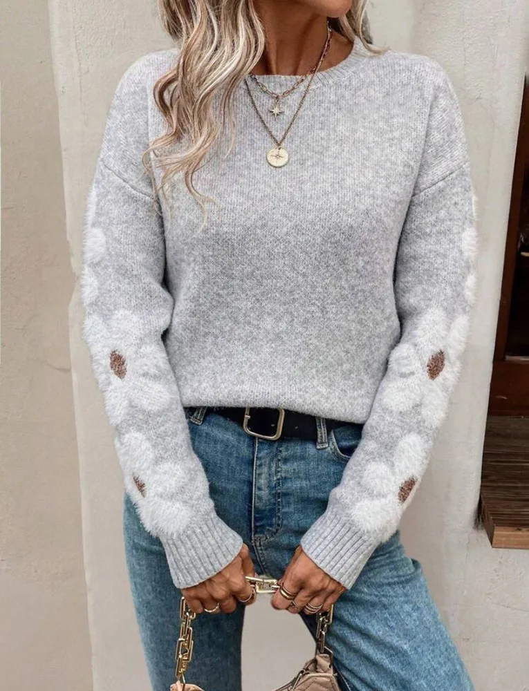 Elegant Elegant Flowers Jacquard Knitted Pullover Women Light Gray - Shop at LoveMi