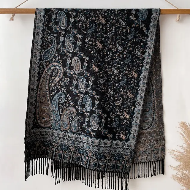 Ethnic Style Retro Outer Jacquard Paisley Scarf Black - Shop at LoveMi