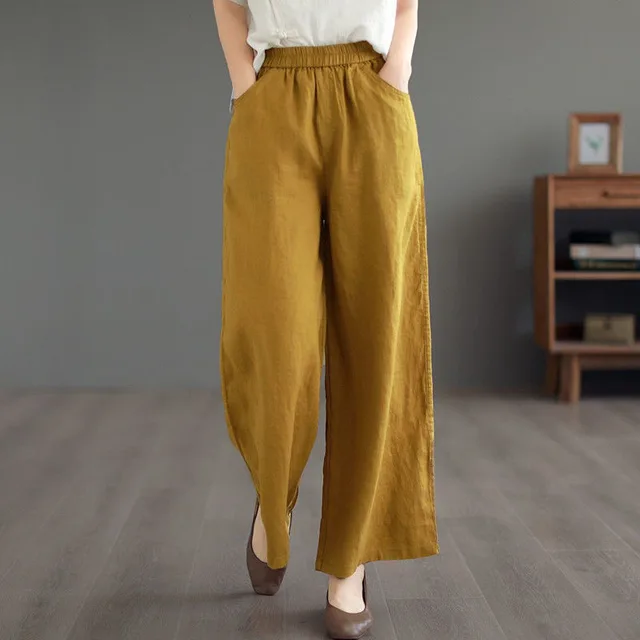 Thin High Waist Loose Artistic Retro Cotton And Linen Straight leg Pants Khaki - Shop at LoveMi