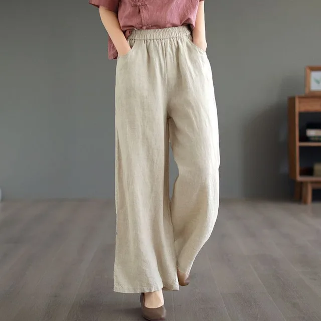 Thin High Waist Loose Artistic Retro Cotton And Linen Straight leg Pants Optic Linen - Shop at LoveMi
