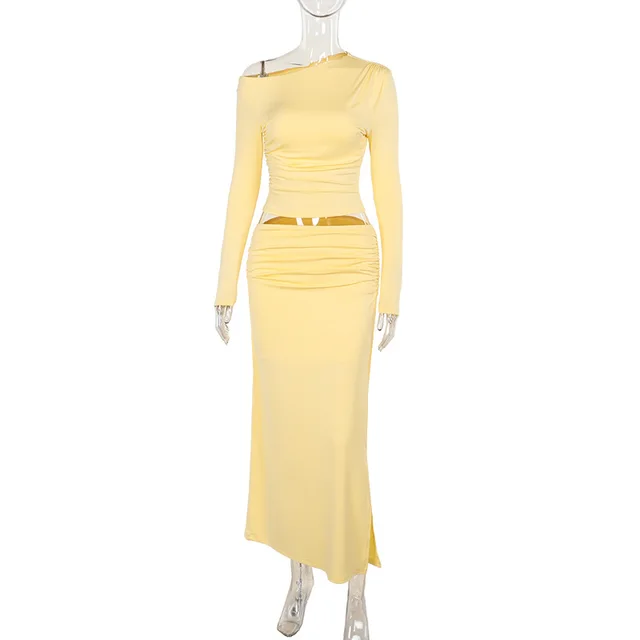 Slim fit Shoulder Long Sleeve Mid length Dress Set Women Yellow - Shop at LoveMi