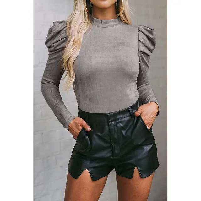 Women's Solid Color Suede One piece Suit Gigot Sleeve Tight Top Lc6421216 Gray - Shop at LoveMi
