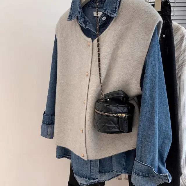 French Retro Small Golden Button Round Neck Knitted Vest For Women Loose Beige Apricot Single Vest - Shop at LoveMi