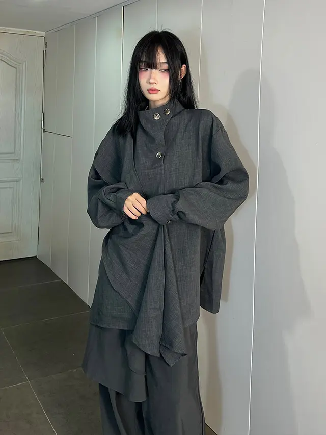Autumn High grade French Stand Collar Shirt Women's Half Turtleneck Ribbon Scarf Gray - Shop at LoveMi
