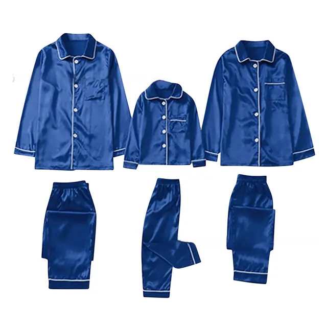 Children's Long sleeved Parent child Ice Silk Pajamas Suit Dark Blue - Shop at LoveMi