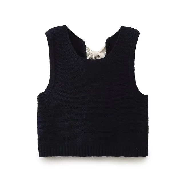 Women's Back Bow Hollow Out Sweater Vest Navy Blue Back Lace Up - Shop at LoveMi