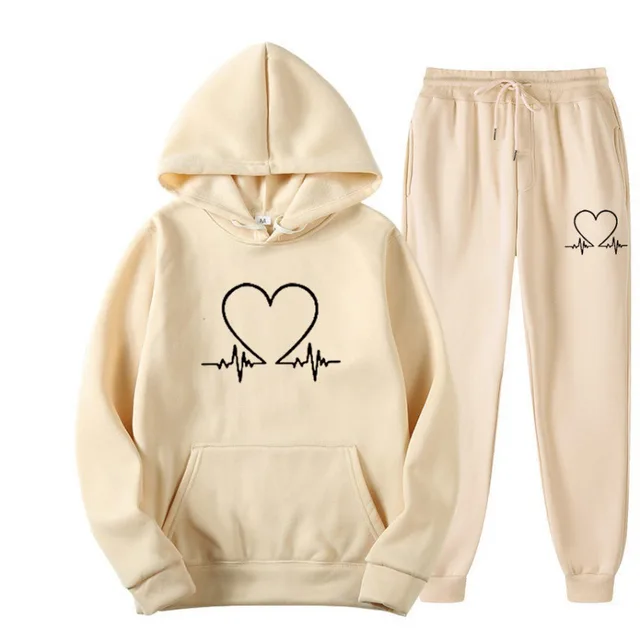 Polyester Sweater Suit Hooded Pullover Sports Beige Black Logo - Shop at LoveMi