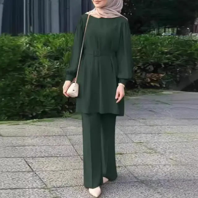 Middle East Muslim Round Neck Long Sleeve Belt Elastic Waist Top And Trousers Suit Green - Shop at LoveMi