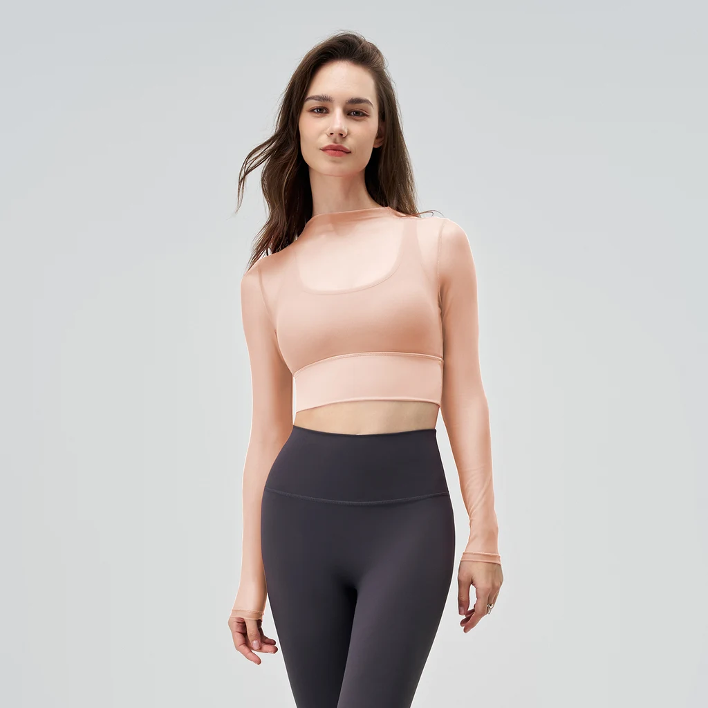 Exercise Mesh Slimming T-shirt Women's Summer Round Neck Quick-drying Long Sleeve Sexy Thin Long Sleeve Yoga Clothing Top - Cherry Blossom Powder