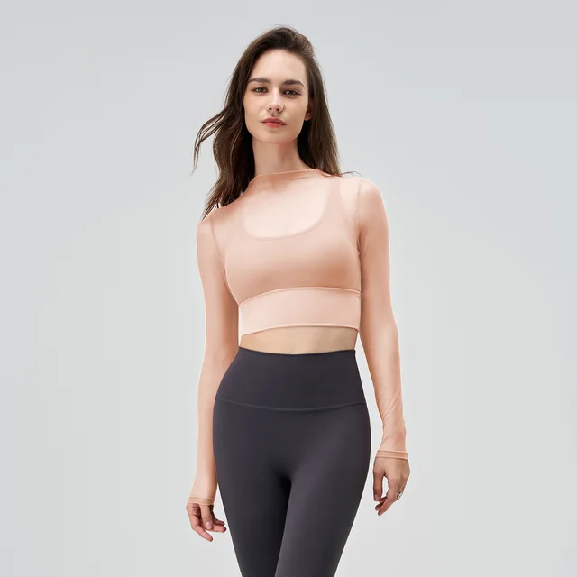 Exercise Mesh Slimming T shirt Women's Summer Round Neck Quick drying Long Sleeve Sexy Thin Long Sleeve Yoga Clothing Top Cherry Blossom Powder - Shop at LoveMi