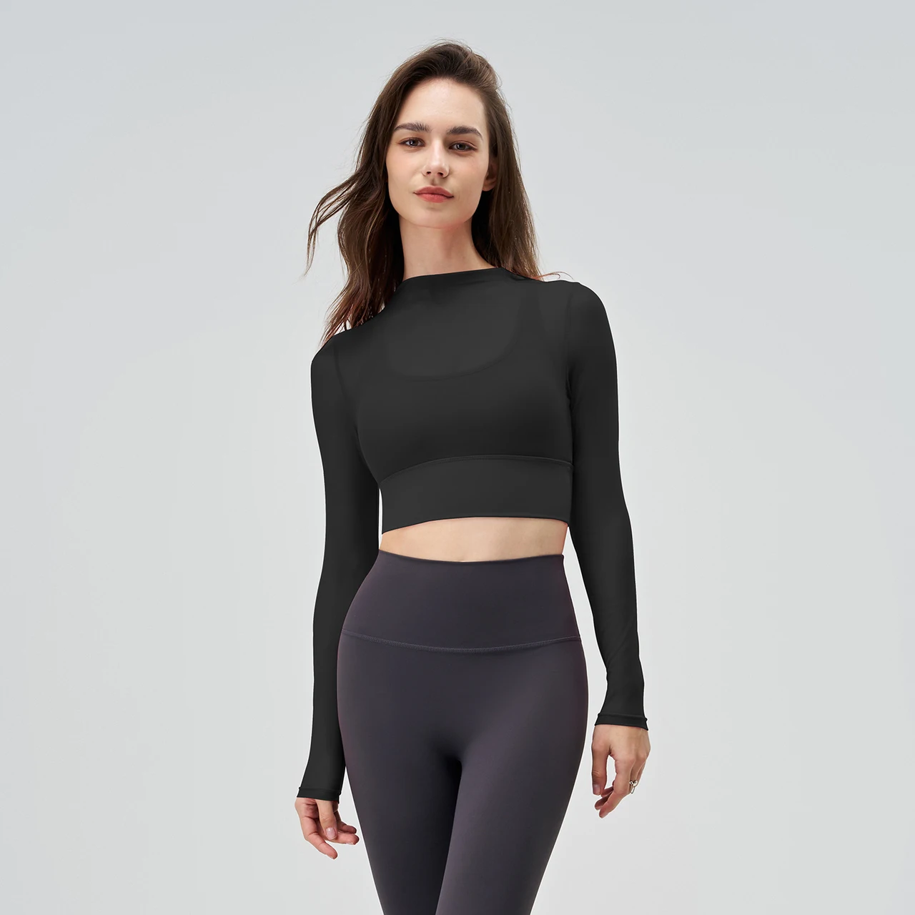 Exercise Mesh Slimming T-shirt Women's Summer Round Neck Quick-drying Long Sleeve Sexy Thin Long Sleeve Yoga Clothing Top - Magnalumoxide