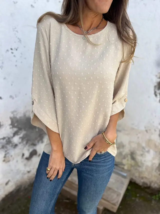 Round Neck Chiffon Jacquard Fashion Casual Loose Sweater For Women Khaki - Shop at LoveMi