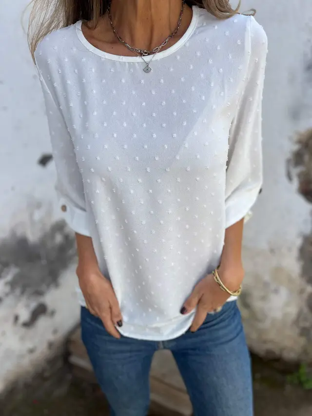 Round Neck Chiffon Jacquard Fashion Casual Loose Sweater For Women White - Shop at LoveMi
